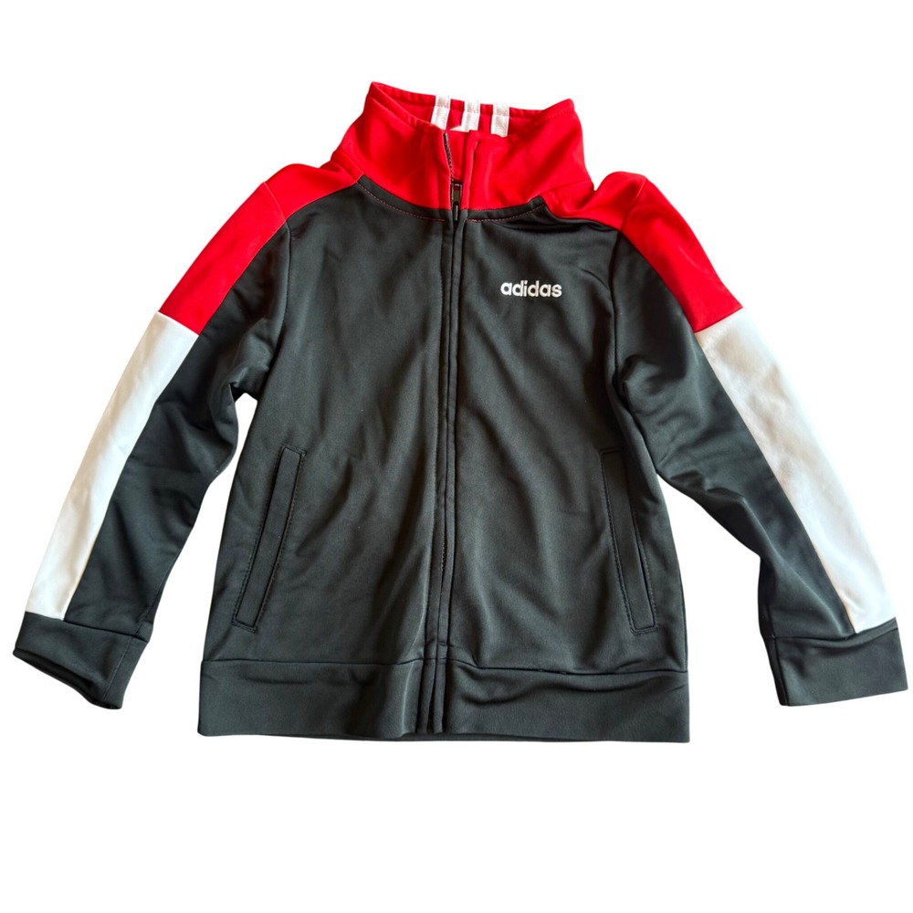 Adidas Track Jacket Kids 2T Black Red White‎ Zip Up Mock Neck Three Stripe Sport